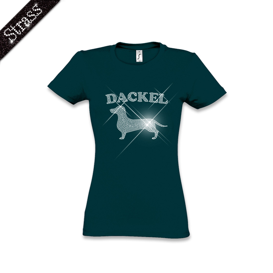 Damen Strass T-Shirt Dackel – Bild 5