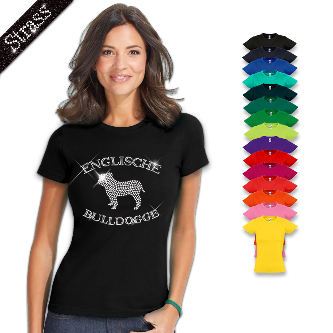 Damen Strass T-Shirt Englische Bulldogge